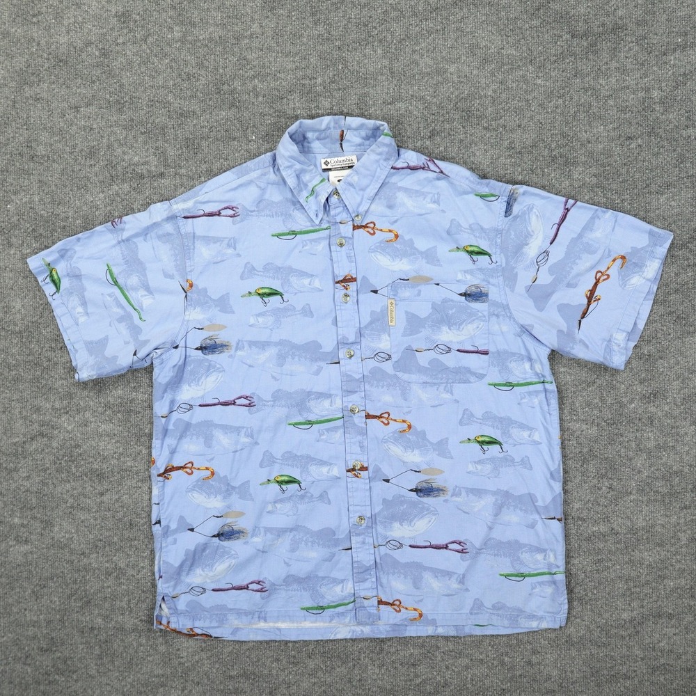Columbia Shirt Mens Large Blue Graphic Print Short Sleeve Button Up Outdoor